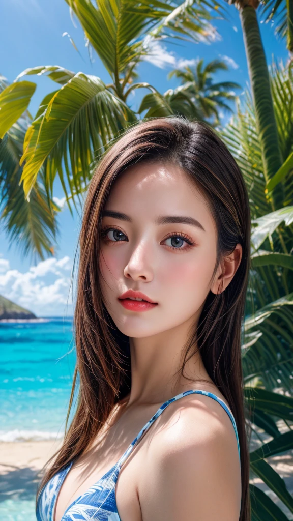 (highest quality、8K、32k、masterpiece)、(RAW Photos)、(Realistic)、(High resolution)、Very detailed、Very beautiful face and eyes、1girl,Swimwear、Beach、blue sky、Palm tree、