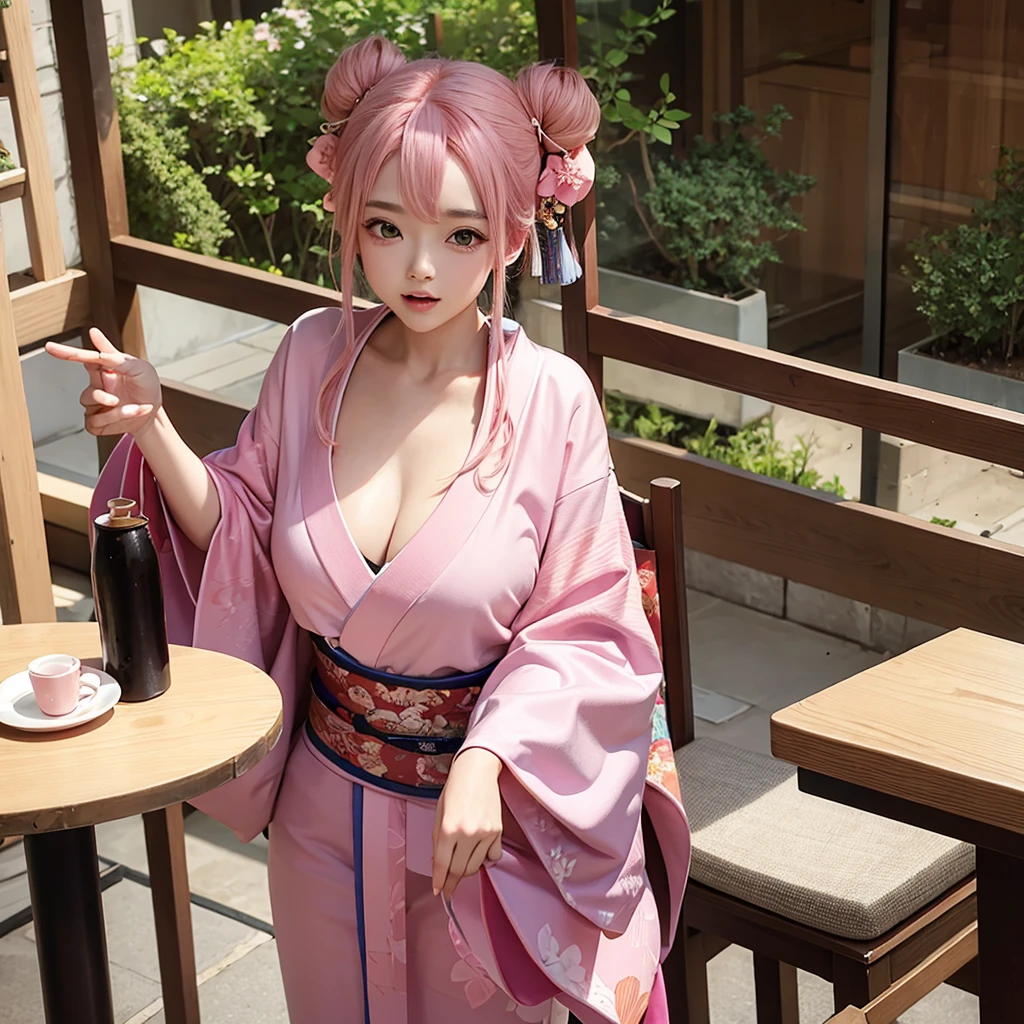 Twin girl wearing kimono pink hair put her breast in table 