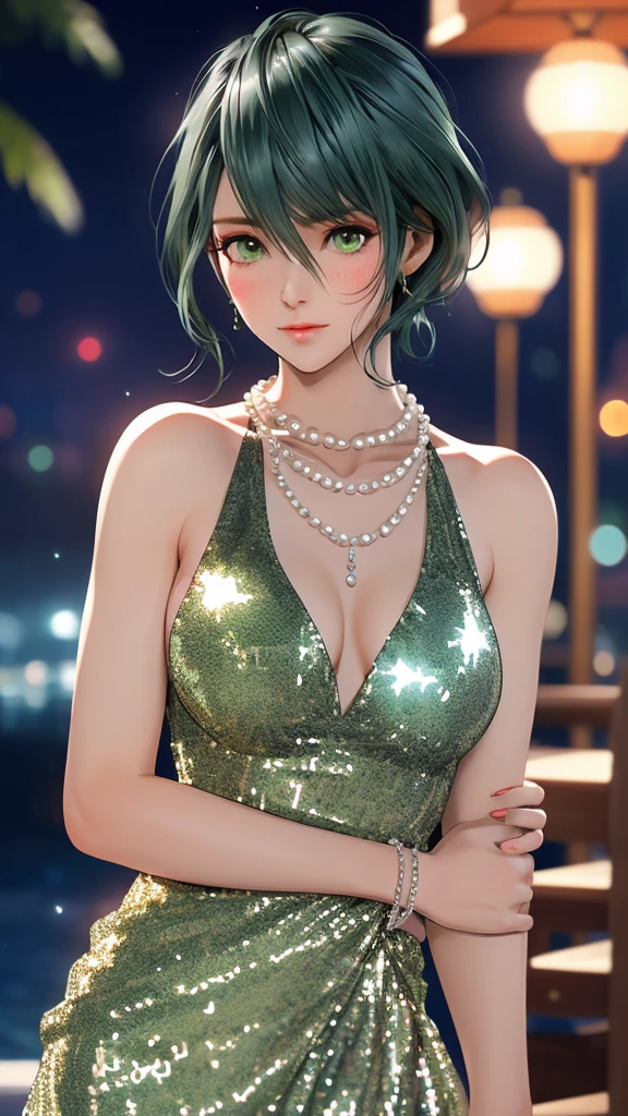 1woman, tamaki, green short hair, green eyes, hair between eyes, detailed eyes, Long eyelashes, (silver sequined dress:1.3), squinting, blush, night, Pearl Necklace, bust shot