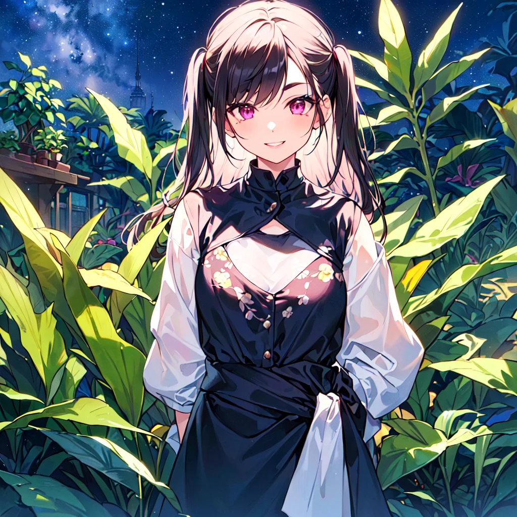 masterpiece, best quality, high quality, extremely detailed, very delicate and beautiful, (1 female 18 years old alone solo:1.2), (long black hair up to waist with two side up:1.4), bangs to eyebrows, eyes (eyes sharp, strong, glossy, glossy eyebrows), (eye color magenta:1.3), 6.5 head height, (houseplant print fashion:1.3), knee socks, (smiling), (standing), (dynamic pose), (botanical garden with lots of houseplants in background:1.5), (Night Sky:1.2), (upper body:1.3)