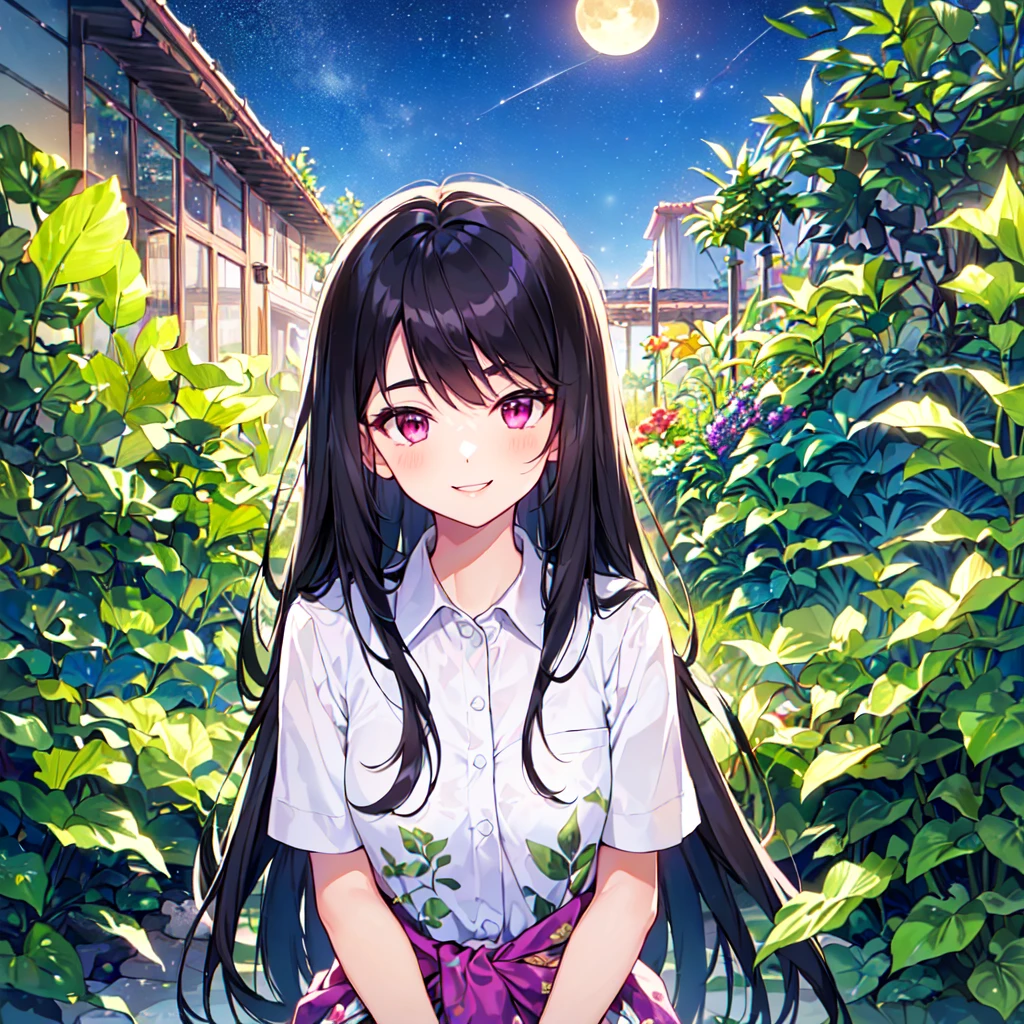 masterpiece, best quality, high quality, extremely detailed, very delicate and beautiful, (1 female 18 years old alone solo:1.2), (long black hair up to waist with two side up:1.4), bangs to eyebrows, eyes (eyes sharp, strong, glossy, glossy eyebrows), (eye color magenta:1.3), 6.5 head height, (houseplant print fashion:1.3), knee socks, (smiling), (standing), (dynamic pose), (botanical garden with lots of houseplants in background:1.5), (Night Sky:1.2), (upper body:1.3)
