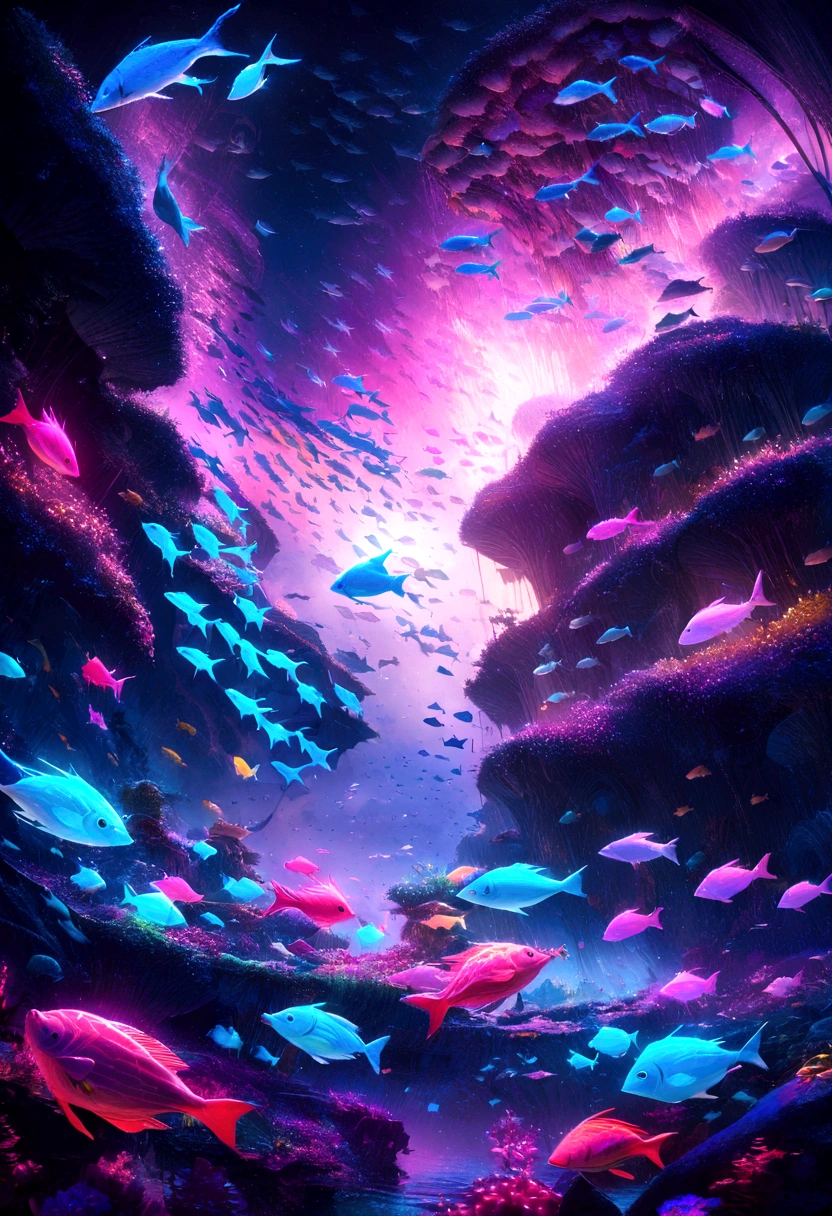 a school of colorful fish floating in space, birds swimming underwater, detailed aquatic life, vibrant neon colors, glowing bioluminescent lights, surreal dreamlike atmosphere, futuristic cosmic landscape, cinematic dramatic lighting, hyper detailed digital art, 8k, photorealistic