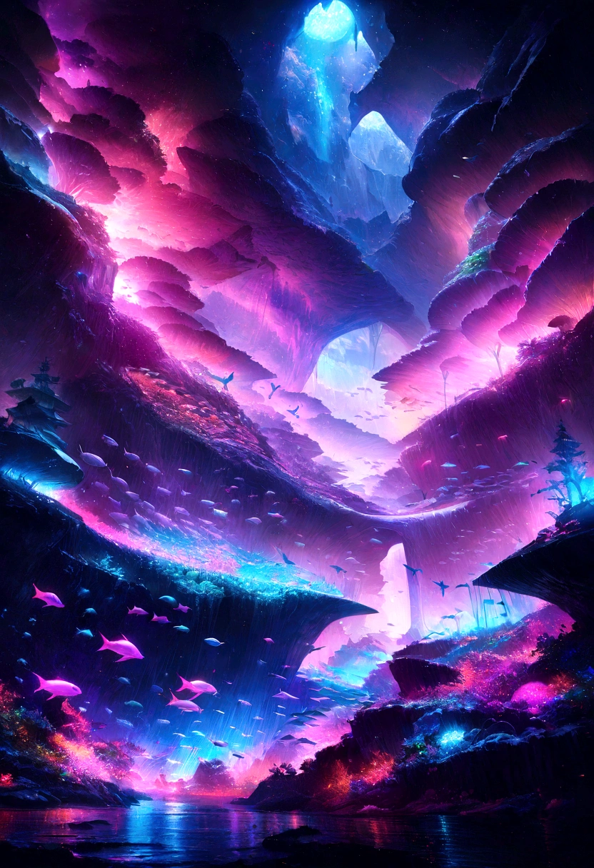 a school of colorful fish floating in space, birds swimming underwater, detailed aquatic life, vibrant neon colors, glowing bioluminescent lights, surreal dreamlike atmosphere, futuristic cosmic landscape, cinematic dramatic lighting, hyper detailed digital art, 8k, photorealistic