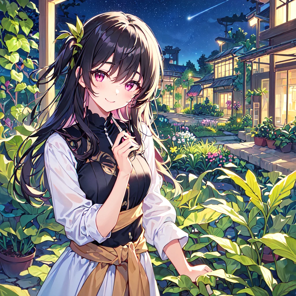 masterpiece, best quality, high quality, extremely detailed, very delicate and beautiful, (1 female 18 years old alone solo:1.2), (long black hair up to waist with two side up:1.4), bangs to eyebrows, eyes (eyes sharp, strong, glossy, glossy eyebrows), (eye color magenta:1.3), 6.5 head height, (houseplant print fashion:1.3), knee socks, (smiling), (standing), (dynamic pose), (botanical garden with lots of houseplants in background:1.5), (Night Sky:1.2), (upper body:1.3)
