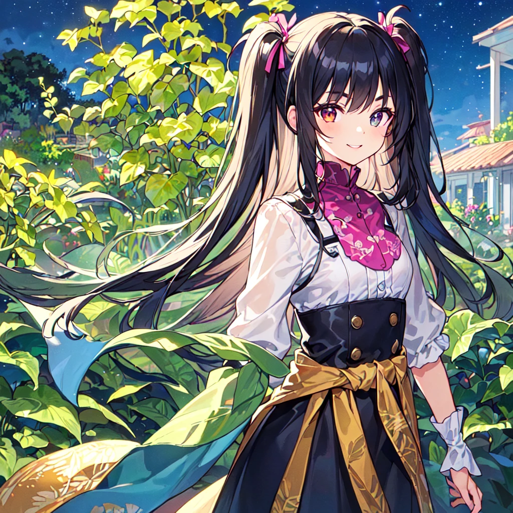 masterpiece, best quality, high quality, extremely detailed, very delicate and beautiful, (1 female 18 years old alone solo:1.2), (long black hair up to waist with two side up:1.4), bangs to eyebrows, eyes (eyes sharp, strong, glossy, glossy eyebrows), (eye color magenta:1.3), 6.5 head height, (houseplant print fashion:1.3), knee socks, (smiling), (standing), (dynamic pose), (botanical garden with lots of houseplants in background:1.5), (Night Sky:1.2), (upper body:1.3)
