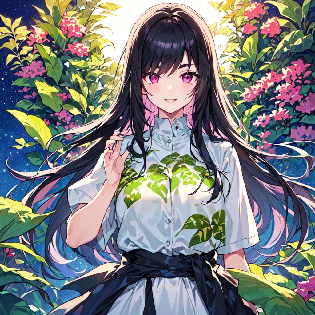 masterpiece, best quality, high quality, extremely detailed, very delicate and beautiful, (1 female 18 years old alone solo:1.2), (long black hair up to waist with two side up:1.4), bangs to eyebrows, eyes (eyes sharp, strong, glossy, glossy eyebrows), (eye color magenta:1.3), 6.5 head height, (houseplant print fashion:1.3), knee socks, (smiling), (standing), (dynamic pose), (botanical garden with lots of houseplants in background:1.5), (Night Sky:1.2), (upper body:1.3)