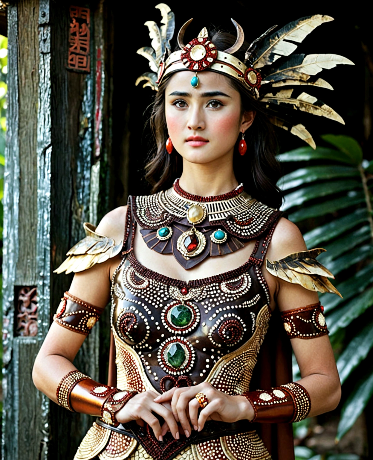 YOUNG WOMAN, YOUNG GIRL, strange creature, full of secrets, mysterious, HAS huge pitch black bat wings, clothes made of wild bull skin full of fur, flat facial expression, cold teary eyes, her head grows huge deer antlers, tied around her waist made from tree roots, he wore trousers made from dragon skin, his arms were covered with three layers of thick tree bark armor, and on his left and right arms were bracelets made from Red jade. In his left and right hands he holds a SWORD made of sparkling marble. Her shoes were made of rhinoceros skin, and the beautiful young woman wore a crocodile skin patch around her neck. original photo, original photography, natural, professional. Make it a masterpiece