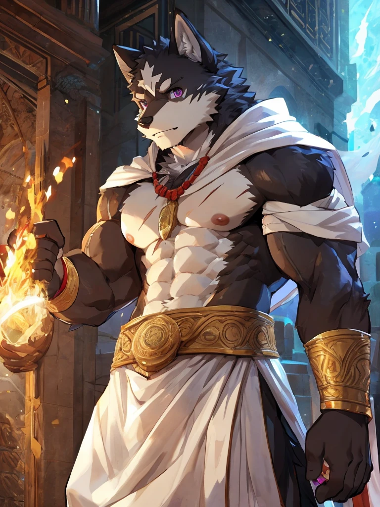 embedding:black wolf, male,purple eyes,Scar on the face, scar on the body,Single person,Toga,Costumes of ancient Greece,White clothes,sacred,Expressions and movements full of divinity,A serious expression,The highest quality of scene detail,adult,Tall and powerful,muscle,Best quality hands, best quality eye,detailed fur,Delicate eyes.Extreme picture quality,by sollyz,by zixiong,by milkytiger1145