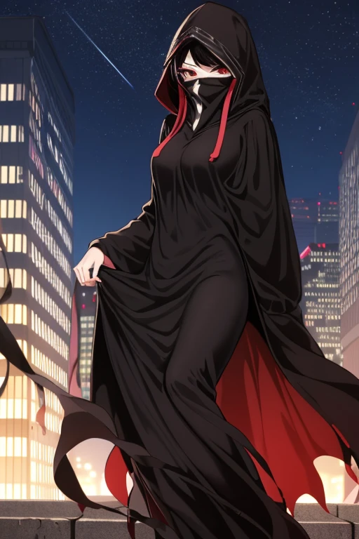 NNAssassinFSF, 1girl, solo, median breasts, black hair, red eyes, long sleeves, dress, hood, long skirt, black dress, cape, black cloak, hood up, black robe, covered mouth, hooded cloak, ((masterpiece,best quality)) city, night