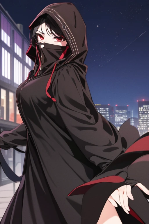 NNAssassinFSF, 1girl, solo, median breasts, black hair, red eyes, long sleeves, dress, hood, long skirt, black dress, cape, black cloak, hood up, black robe, covered mouth, hooded cloak, ((masterpiece,best quality)) city, night