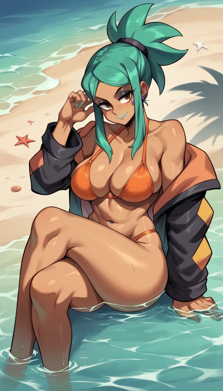 score_9, score_8_up, score_7_up, source_anime, rating_explicit, beautyful woman, cerebella from skullgirls, orange bikini, in beach, sit in water, no hat, brown skin, ponytail hair, naughty smile, crossed legs. black jacket, encorped, mature woman