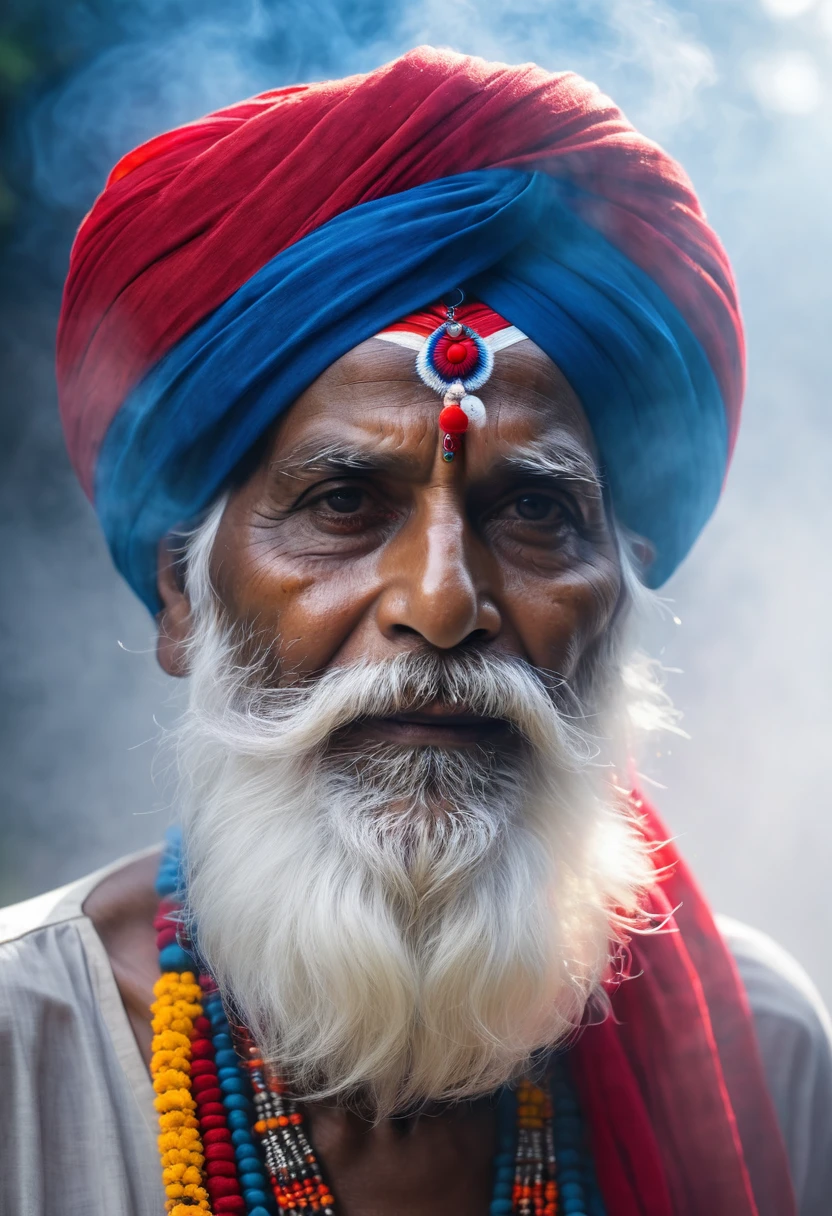 an Indian guru man, 80 year old, big white beard, Colorful turban on the head, striking light and shadow, diffuse light, blue and red, 4K, High definition, beams of light streaming through the fog, confident looking, black andwhite, tilted view from the front