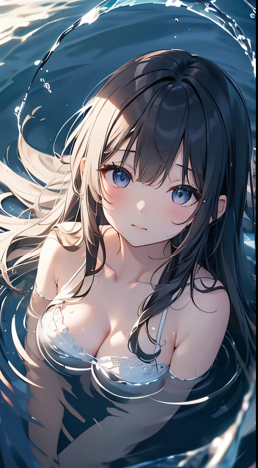 (Highly detailed CG、Unity、8k wallpaper)、(Very delicate and beautiful)、(masterpiece)、(Highest quality:1.0)、(超High resolution:1.0)、Beautiful lighting、Perfect Lightning、Realistic Shadows、[High resolution]、Detailed skin、Ultra-detailed、Detailed face and eyes、Realistic eyes、Sharp pupils、Floats on water、take a nap in the water、take a nap in the water、bluish bangs、drifting、A girl in a white dress floating in the deep sea、Life at sea、Shining a light、Underwater Scene、Abysmal、water flowing