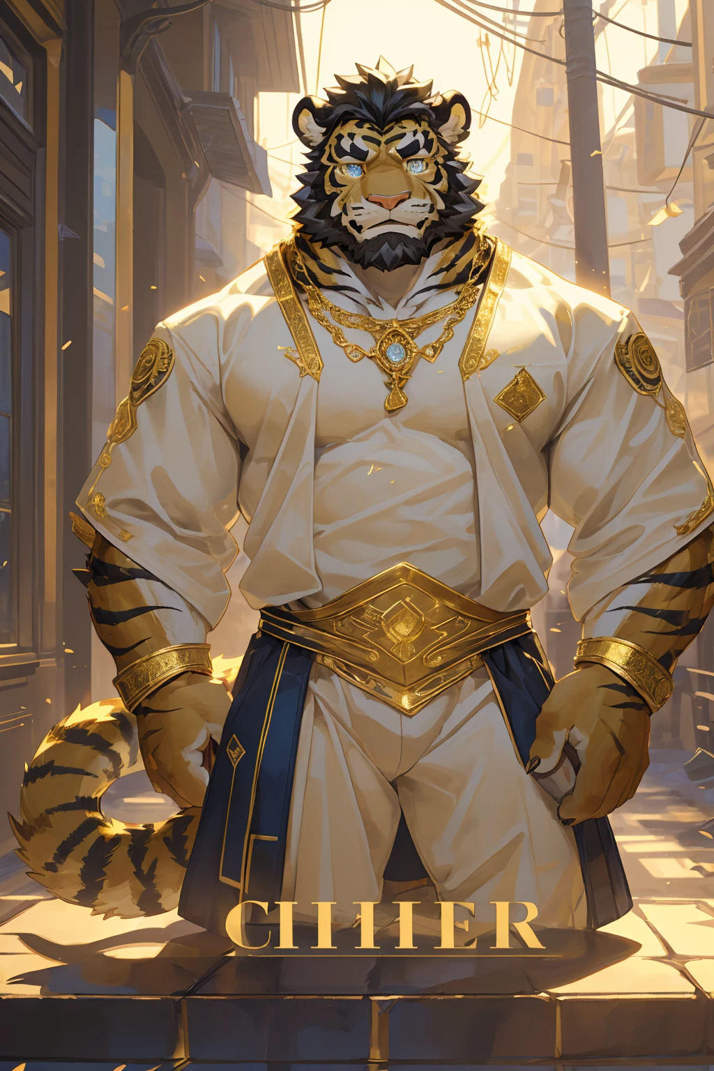 (Toned body),(White regular clothes:1.5),16k high quality detailed art,(White regular clothes:1),(Golden Tiger:1.1), (((White and golden fur:1.5))),(Duotone),(A pair of eyes of different colors, Blue and gold eyes:1.7),(Both eyes are the same size:1.4),(Muscular body:1.3),Handsome,(OK),(Perfect face),(Gold and white skin:1.3),(Full body description:1.3),Publaz, (Golden Tiger:1.1), (((Gold and white fur:1.3))),Handsome, (OK),Express,(Beautiful outdoor background:1.3),(joy:1.3),(Golden Tiger tail),不同的Express,(A perfect masterpiece),(32k),(Abdominal muscles:1.3),(((middle aged:1.4))),(36 years old),(Gold Stripes),alone,(Black sideburns:1.2),(black beard:1.3),(Black Chin:1.3),(golden face pattern:1),(Very rich facial details:1.3),(Strong),(Mighty pose:1.3),Front view,(CG),(HD),(Black hair),Full body portrait,(Detailed background:1.3)