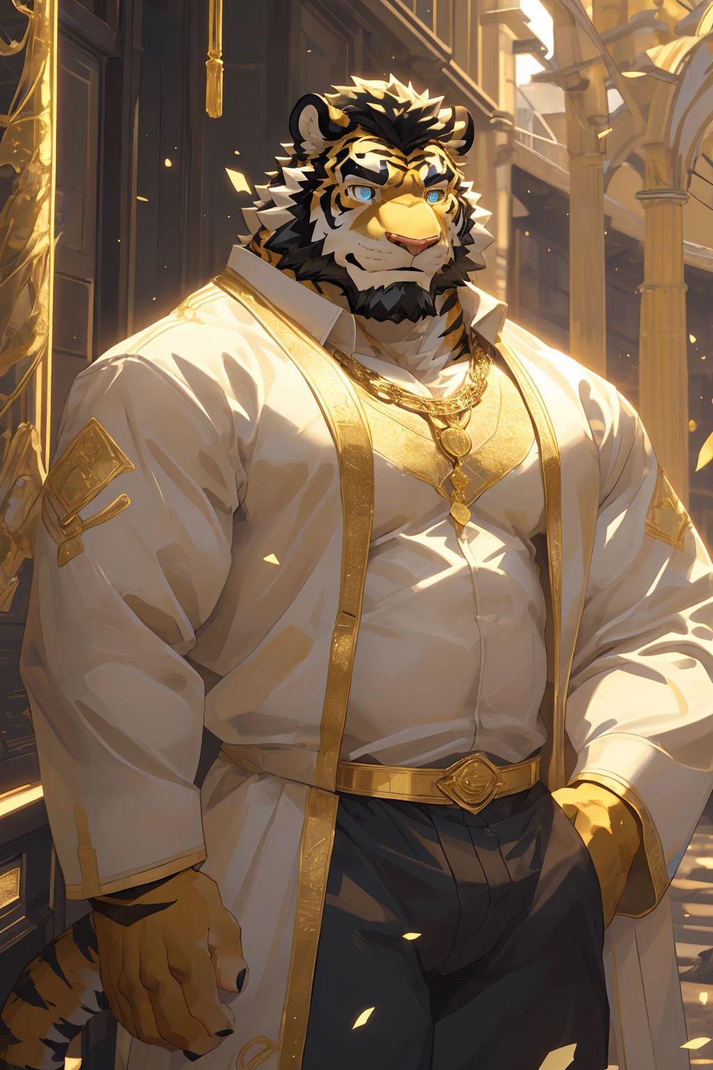 (Toned body),(White regular clothes:1.5),16k high quality detailed art,(White regular clothes:1),(Golden Tiger:1.1), (((White and golden fur:1.5))),(Duotone),(A pair of eyes of different colors, Blue and gold eyes:1.7),(Both eyes are the same size:1.4),(Muscular body:1.3),Handsome,(OK),(Perfect face),(Gold and white skin:1.3),(Full body description:1.3),Publaz, (Golden Tiger:1.1), (((Gold and white fur:1.3))),Handsome, (OK),Express,(Beautiful outdoor background:1.3),(joy:1.3),(Golden Tiger tail),不同的Express,(A perfect masterpiece),(32k),(Abdominal muscles:1.3),(((middle aged:1.4))),(36 years old),(Gold Stripes),alone,(Black sideburns:1.2),(black beard:1.3),(Black Chin:1.3),(golden face pattern:1),(Very rich facial details:1.3),(Strong),(Mighty pose:1.3),Front view,(CG),(HD),(Black hair),Full body portrait,(Detailed background:1.3)