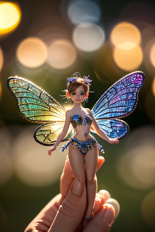 A beautiful and delicate mini fairy, tiny and enchanting, is depicted perched delicately on the tip of a finger. This breathtaking image, captures the ethereal beauty of these diminutive creatures. Every intricate detail is carefully rendered, showcasing their intricate wings glistening in vibrant colors and their miniature bodies adorned with intricate patterns. The artist's masterful technique ensures that even the tiniest features of the fairies are exquisitely depicted, allowing viewers to appreciate the sheer quality and precision of this enchanting image, playful body manipulations, smile, gaze into the camera, Whimsical lighting, Enchanted ambiance, Soft textures, Imaginative artwork, Ethereal glow, Silent Luminescence, Whispering Silent, Iridescent Encounter, pixie dust glittering, vibrant background, by Skyrn99, full body, (((rule of thirds))), high quality, high detail, high resolution, (bokeh:2), backlight, long exposure:2