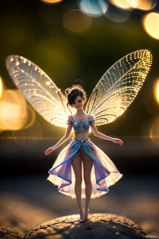 A beautiful and delicate mini fairy, tiny and enchanting, is depicted perched delicately on the tip of a finger. This breathtaking image, captures the ethereal beauty of these diminutive creatures. Every intricate detail is carefully rendered, showcasing their intricate wings glistening in vibrant colors and their miniature bodies adorned with intricate patterns. The artist's masterful technique ensures that even the tiniest features of the fairies are exquisitely depicted, allowing viewers to appreciate the sheer quality and precision of this enchanting image, playful body manipulations, smile, gaze into the camera, Whimsical lighting, Enchanted ambiance, Soft textures, Imaginative artwork, Ethereal glow, Silent Luminescence, Whispering Silent, Iridescent Encounter, pixie dust glittering, vibrant background, by Skyrn99, full body, (((rule of thirds))), high quality, high detail, high resolution, (bokeh:2), backlight, long exposure:2