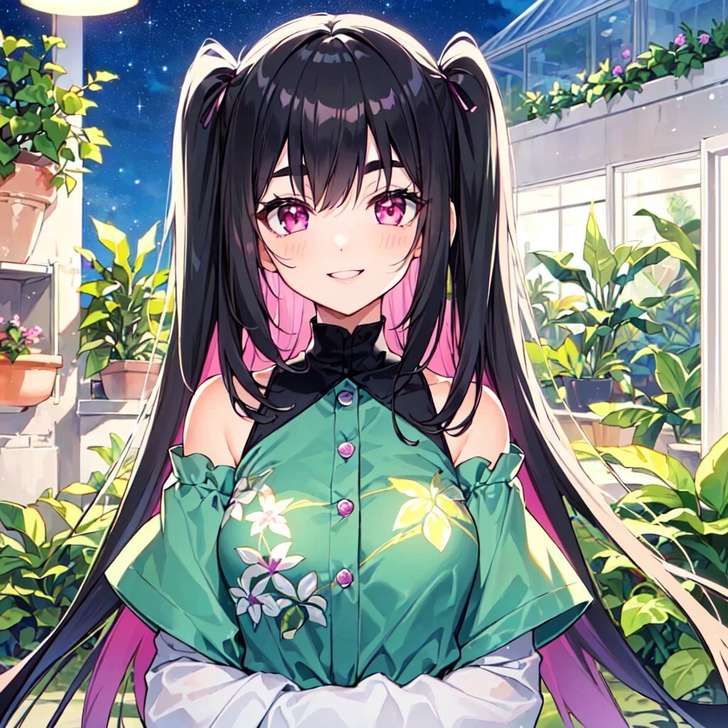 masterpiece, best quality, high quality, extremely detailed, very delicate and beautiful, (1 female 18 years old alone solo:1.2), (long black hair up to waist with two side up:1.4), bangs to eyebrows, eyes (eyes sharp, strong, glossy, glossy eyebrows), (eye color magenta:1.3), 6.5 head height, (houseplant print fashion:1.3), knee socks, (smiling), (standing), (dynamic pose), (botanical garden with lots of houseplants in background:1.5), (Night Sky:1.2), (upper body:1.3)