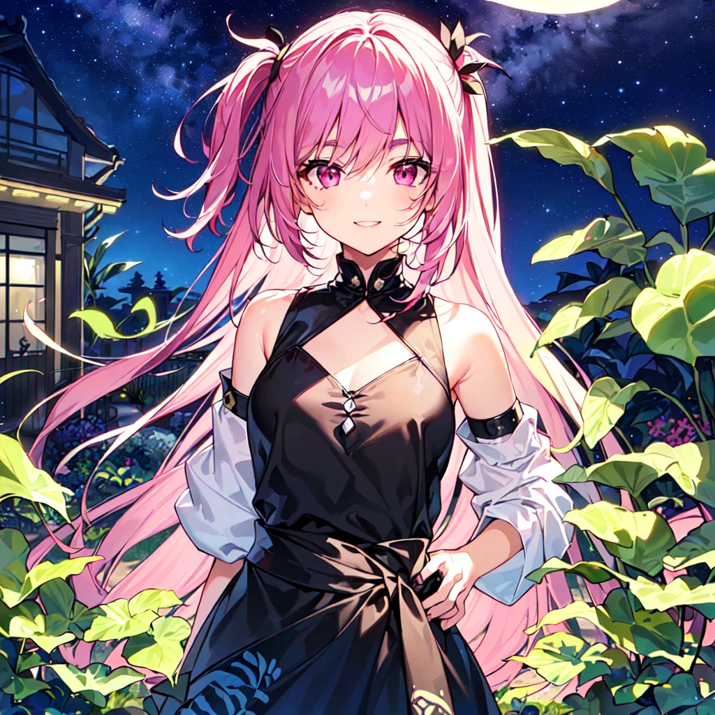 masterpiece, best quality, high quality, extremely detailed, very delicate and beautiful, (1 female 18 years old alone solo:1.2), (long black hair up to waist with two side up:1.4), bangs to eyebrows, eyes (eyes sharp, strong, glossy, glossy eyebrows), (eye color magenta:1.3), 6.5 head height, (houseplant print fashion:1.3), knee socks, (smiling), (standing), (dynamic pose), (botanical garden with lots of houseplants in background:1.5), (Night Sky:1.2), (upper body:1.3)