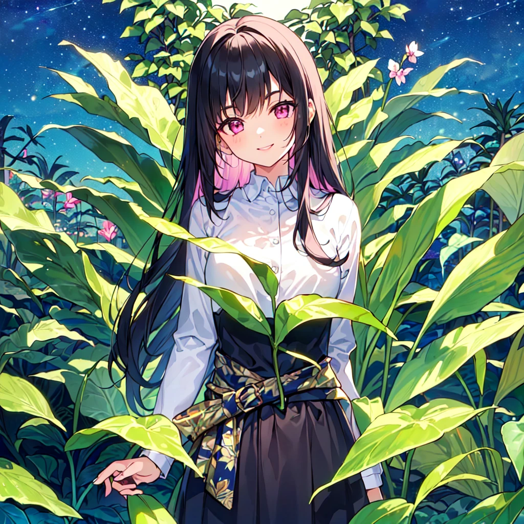 masterpiece, best quality, high quality, extremely detailed, very delicate and beautiful, (1 female 18 years old alone solo:1.2), (long black hair up to waist with two side up:1.4), bangs to eyebrows, eyes (eyes sharp, strong, glossy, glossy eyebrows), (eye color magenta:1.3), 6.5 head height, (houseplant print fashion:1.3), knee socks, (smiling), (standing), (dynamic pose), (botanical garden with lots of houseplants in background:1.5), (Night Sky:1.2), (upper body:1.3)