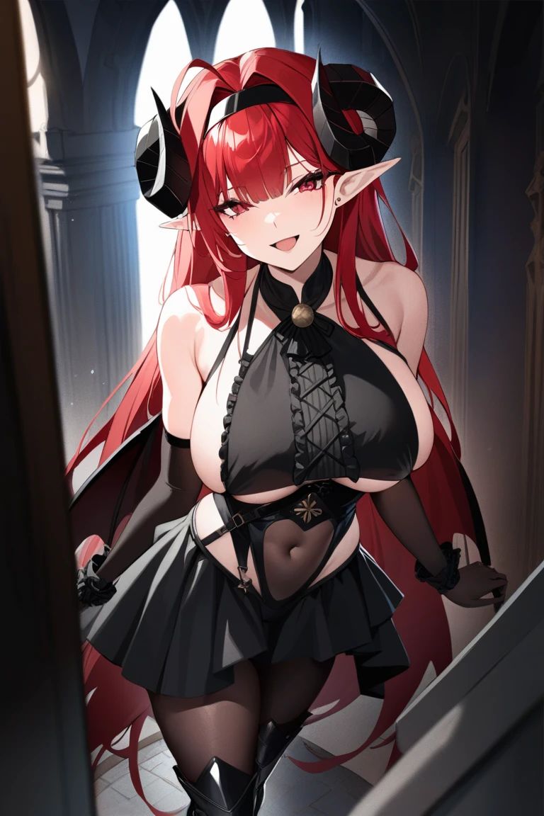 1girl, hinsd, ahoge, hair between eyes, absurdly long hair, mole under eye, o-ring, center cross lace, sideboob, demon horns, demon tail, low wings, pointy ears, black elbow gloves, hairband, frilled leotard, brooch, bodystocking, clothing cutout, underboob cutout, covered navel, thighhighs, miniskirt, thigh strap, armored boots, high heels , best quality, ((masterpiece)), high details, detailed, perspective, naughty face, happy, moody lighting, light rays, mansion, abstract background, depth of field, cinematic angle camera, establish, rating: sensitive, full body, cowboy shot, standing,