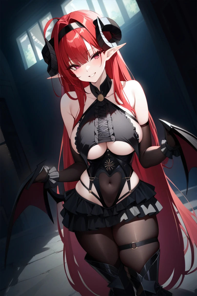 1girl, hinsd, ahoge, hair between eyes, absurdly long hair, mole under eye, o-ring, center cross lace, sideboob, demon horns, demon tail, low wings, pointy ears, black elbow gloves, hairband, frilled leotard, brooch, bodystocking, clothing cutout, underboob cutout, covered navel, thighhighs, miniskirt, thigh strap, armored boots, high heels , best quality, ((masterpiece)), high details, detailed, perspective, naughty face, happy, moody lighting, light rays, mansion, abstract background, depth of field, cinematic angle camera, establish, rating: sensitive, full body, cowboy shot, standing,