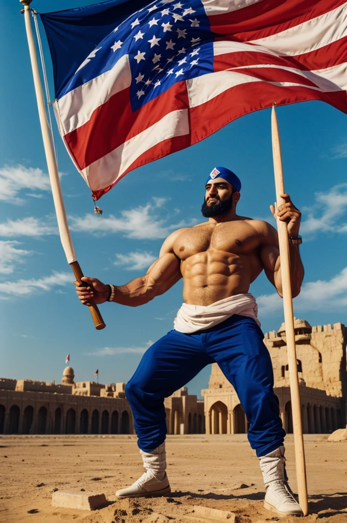 Bodybuilder with Indian flag without shirt