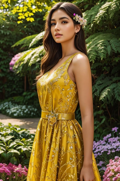 (masterpiece, best quality), intricate details, 8k, artstation, wallpaper, official art, splash art, sharp focus, 1girl, beautiful detailed eyes, beautiful detailed lips, extremely detailed eyes and face, long eyelashes, elegant dress, standing in a lush garden, surrounded by vibrant flowers, sunlight filtering through the leaves, warm color palette, cinematic lighting, photorealistic, digital painting