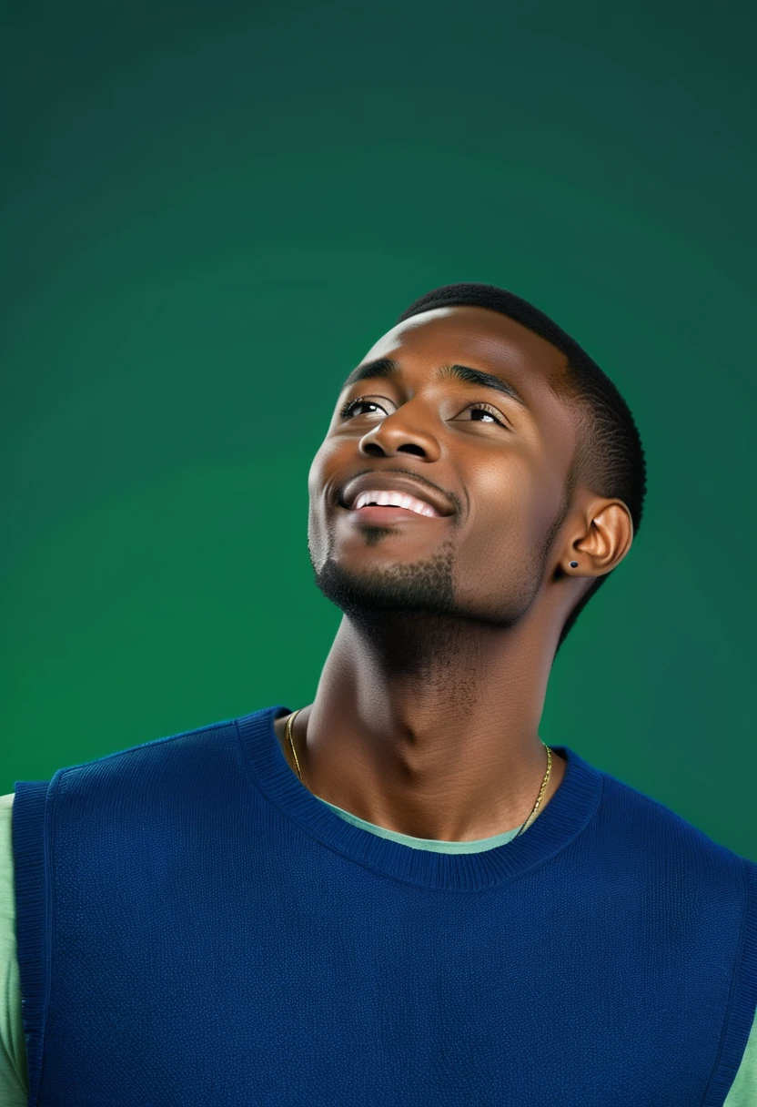 24-year-old man in a blue vest thinking, look up, green background, green chroma, index finger on cheek, low smile, professional photo, medium shot, realistic photo, 8k
