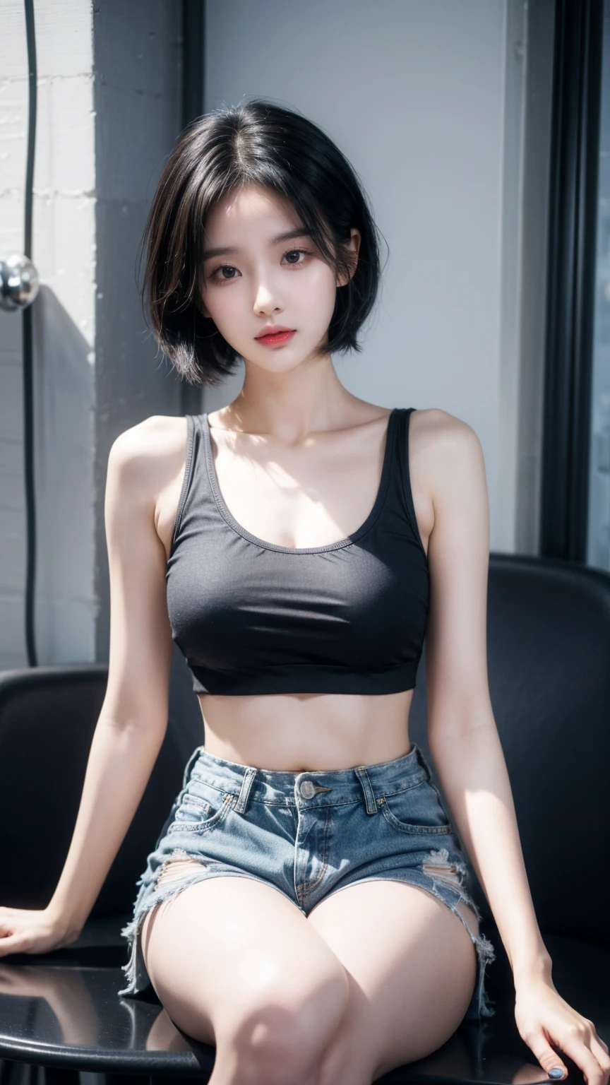 best quality, 1 Girl, dark blue hair, black eyes, Very short hair, Spiky hair, Alafi sat down in his chair and drank a cup of coffee。, with ripped crop t - shirt, wearing sexy cropped top, xintong chen, Casual clothes, Instagram model, xision wu, wearing a crop top, wearing casual cloths, leaked image, casual clothing style, wearing a cropped top, dilraba dilmurat, wenfei ye, Casual clothing, Messy hair, Hair between the eyes, Medium breasts, full, Tomboy, aldult, 20 years old, A sweet girl by the beach