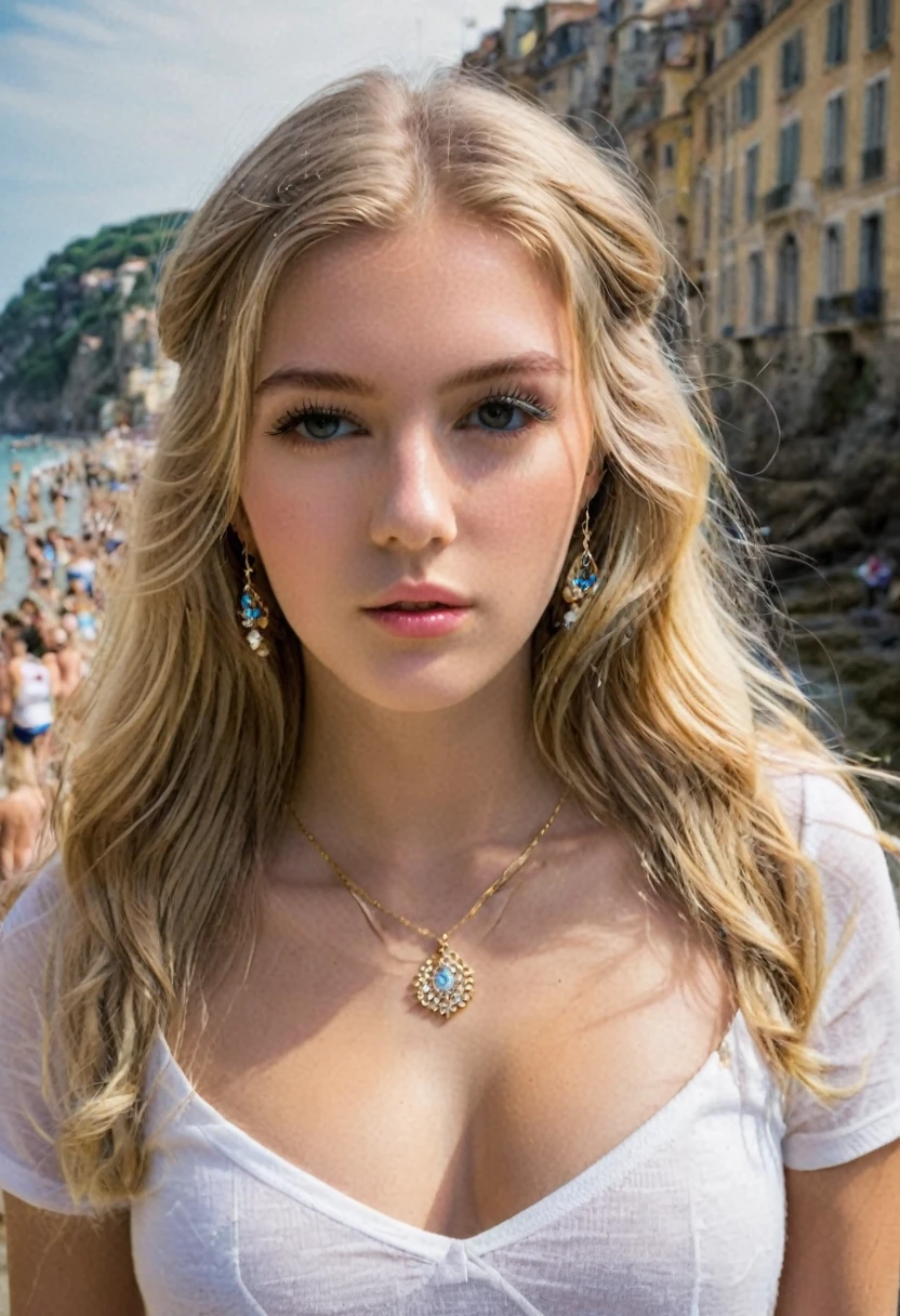 1 fille dans, 19 ans, seulement, cheveux longs, Colossal , cheveux blond, yeux marrons, bijoux, Tout le corps, un collier, réaliste, voyage ,Capturez cette image avec une photographie haute résolution à l'aide d'un objectif 100 mm pour une perspective flatteuse. photo prise de coté ou de profil, SEXY X