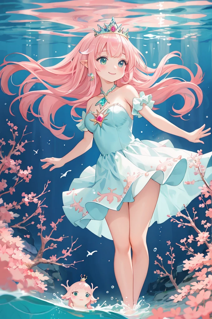 ((best quality)), ((masterpiece)), (detailed), 1 girl, anime girl, ((axolotl girl)), monster girl, blush, gentle smile, pink hair, ((princess dress)), flowing dress, exposed shoulders, underwater background, ((large breasts)), floating pose, teal eyes, beautiful, {intricate outfit}, ((absurdres)), front view, tiara, barefoot, anklet, transparent sleeves, (delicate illustration), side slit dress