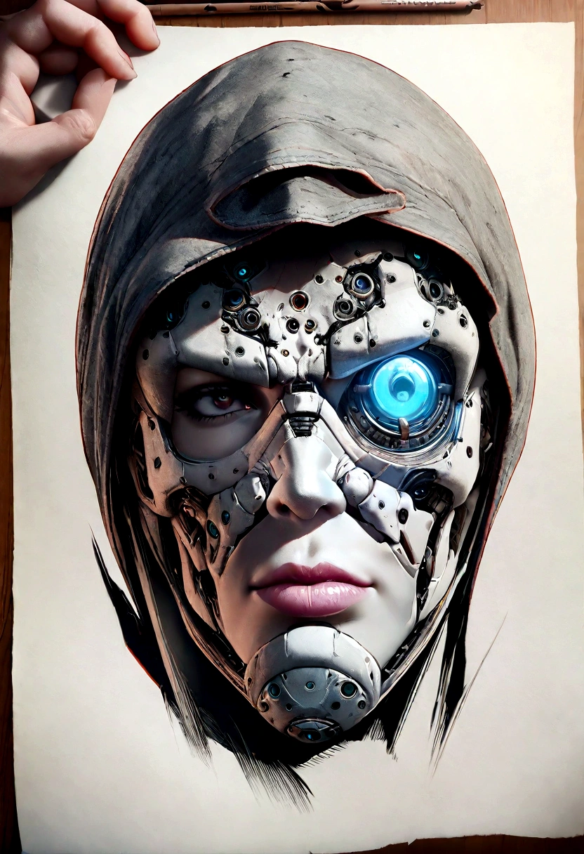 masterpiece, cyborg, The body is a mechanic, Wearing a hood, Shrouded in shadow, , Positano colours, Completely in frame, whole body, Emits electrical energy, whole body, Beautiful anime waifu style man, Ultra-detailed CG paintings, Luminism, Art by Kahn Griffith and Vadim Kashin Concept Art, 8K resolution, Fractal isometric details Bioluminescence , complicatedly detailed , Cinematic, trending on art station Isometric Centered hyper Realistic cover photo awesome full color, Written by hand , Grainy, Realistic, complicated, Hit definition , Cinematic, rough sketch, Bold, On Paper, Vibrant, amazing, Super high quality model