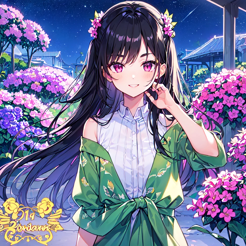 masterpiece, best quality, high quality, extremely detailed, very delicate and beautiful, (1 female 18 years old alone solo:1.2), (long black hair up to waist with two side up:1.4), bangs to eyebrows, eyes (eyes sharp, strong, glossy, glossy eyebrows), (eye color magenta:1.3), 6.5 head height, (houseplant print fashion:1.3), knee socks, (smiling), (standing), (dynamic pose), (botanical garden with lots of houseplants in background:1.5), (Night Sky:1.2), (upper body:1.3)