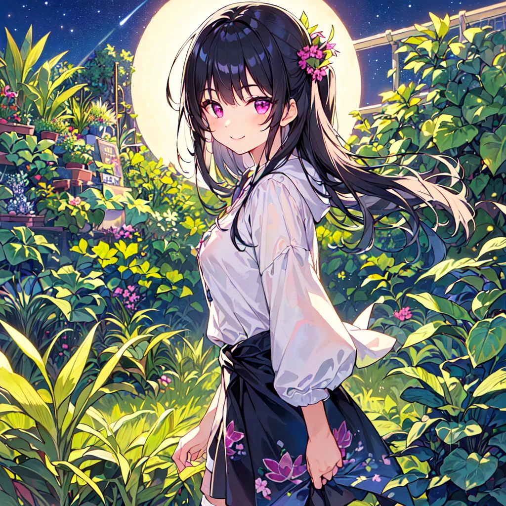 masterpiece, best quality, high quality, extremely detailed, very delicate and beautiful, (1 female 18 years old alone solo:1.2), (long black hair up to waist with two side up:1.4), bangs to eyebrows, eyes (eyes sharp, strong, glossy, glossy eyebrows), (eye color magenta:1.3), 6.5 head height, (houseplant print fashion:1.3), knee socks, (smiling), (standing), (dynamic pose), (botanical garden with lots of houseplants in background:1.5), (Night Sky:1.2), (upper body:1.3)