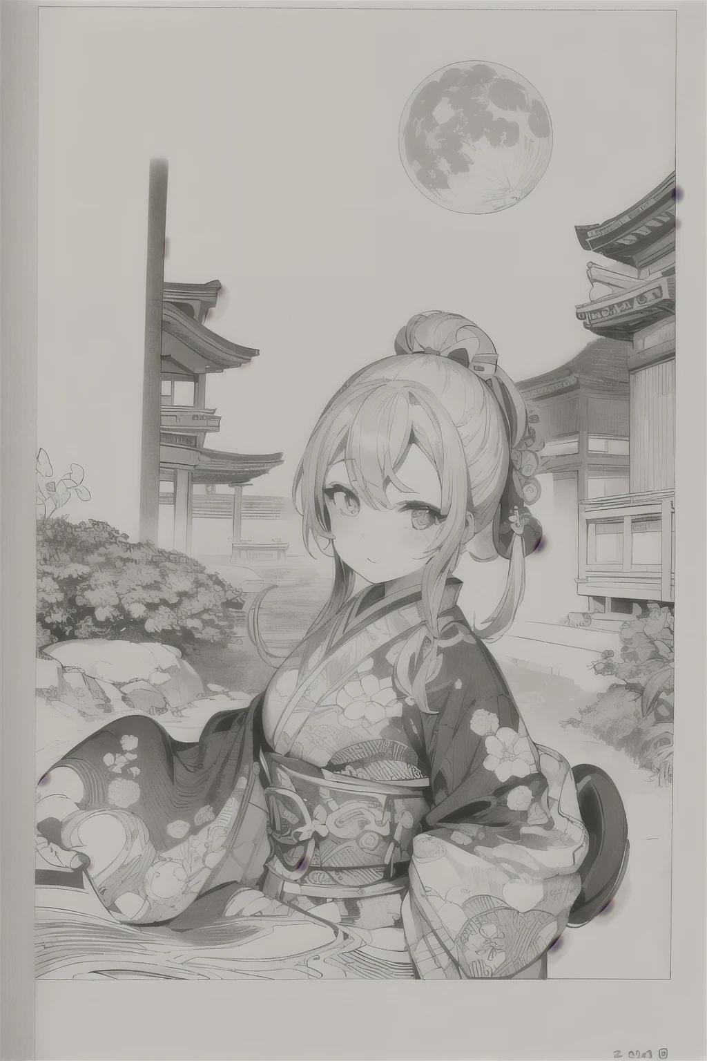 best quality, masterpiece, photo, 4K, photorealistic, highly detailed, huge moon in the background, black and white, closeup, Create a realistic ukiyo-e illustration of a cute girl in a kimono that conveys Japanese culture in various poses with a Japanese garden in the background, using a simple monochrome coloring book that even children can do.
