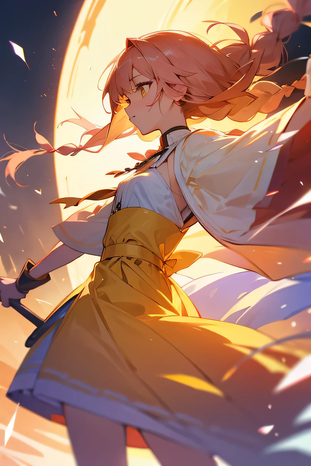 young woman, peach colored hair, two braids, yellow eyes, light purple dress, wind magic effect, Fan in hand