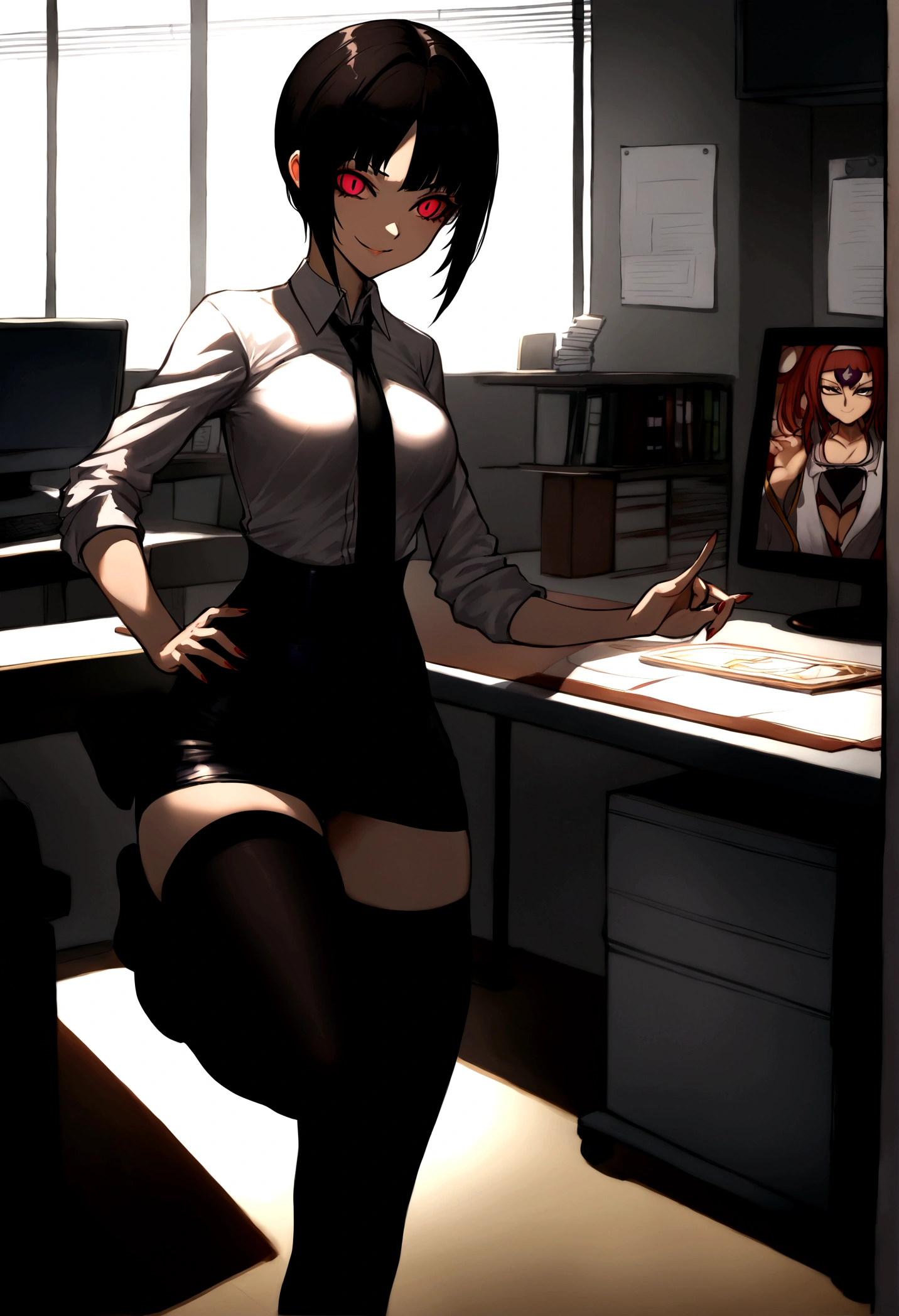 juri han, work of art, tight white secretary shirt with black tie, black high waist skirt, short skirt,stocking, black hair, black tights,evil smile,office,franja nos olhos,iluminação,chifre de cabelos,visão de cima,olhando para cima