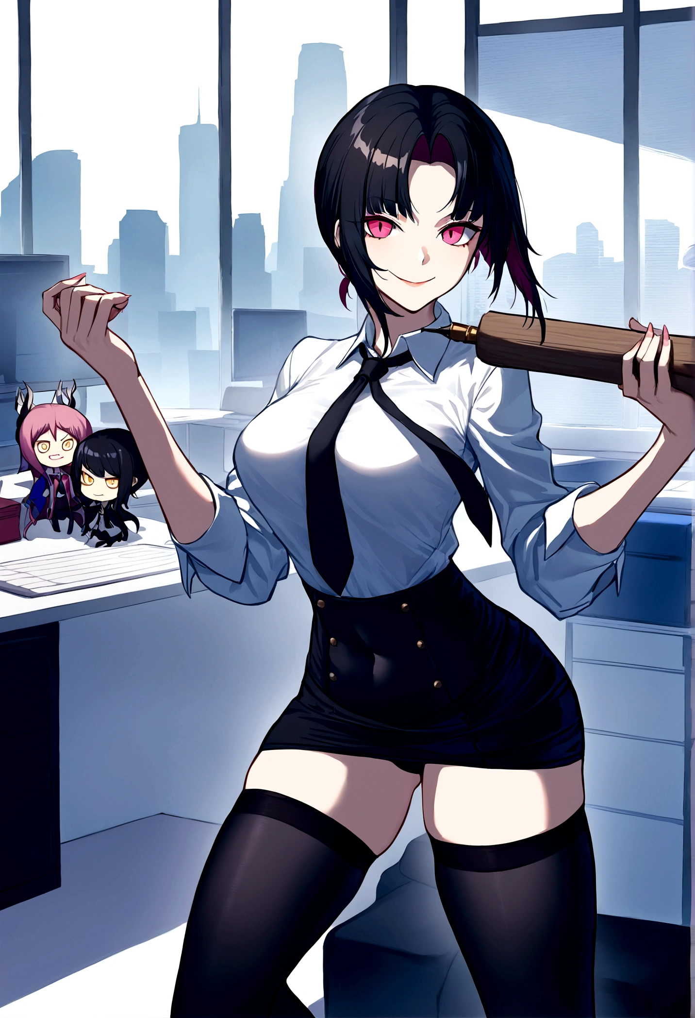 juri han, work of art, tight white secretary shirt with black tie, black high waist skirt, short skirt,stocking, black hair, black tights,evil smile,office,franja nos olhos,iluminação,chifre de cabelos,visão de cima,olhando para cima