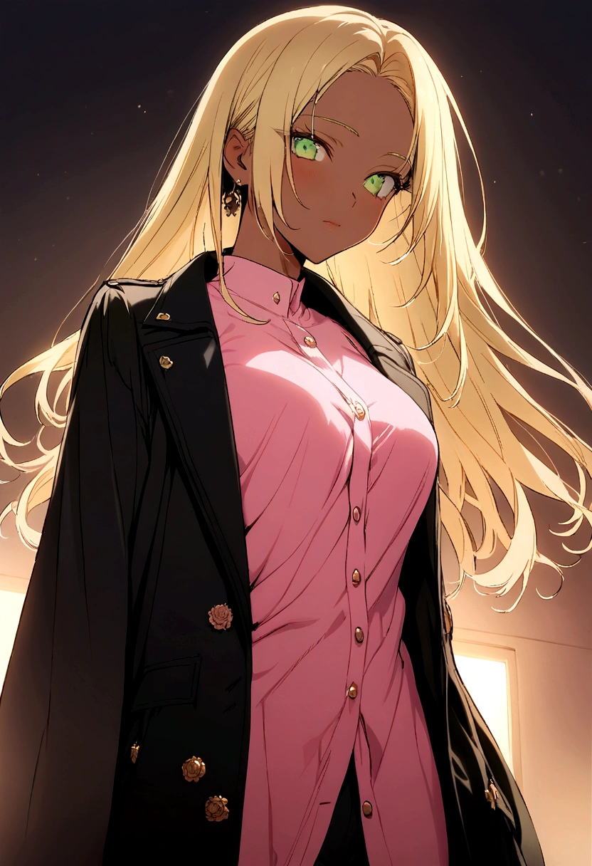 (Top Quality, 16k, Masterpiece: 1.3)), source_cartoon, source_anime,
1girl, solo, dark skinned girl, 24 year old girl, breasts, pink shirt, black jacket, brown eyes, blonde hair, stylish,
 b00nd0cks, open belly, Highly Detailed Face and Skin Texture, Detailed Light Green Eyes