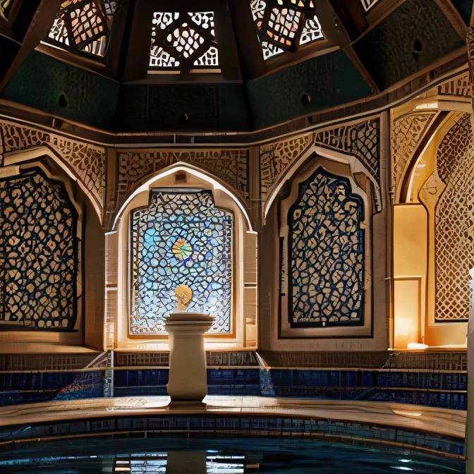 Intricately tiled Turkish baths, plunge pool, arabesque Islamic ornament, geometric islamic detailing, domed ceiling, Highly detailed, masterpiece, fine, realistic, shaded, candlelit, bright candlelight, patterned silken material drapes, radiant, detailed, intricate, environment