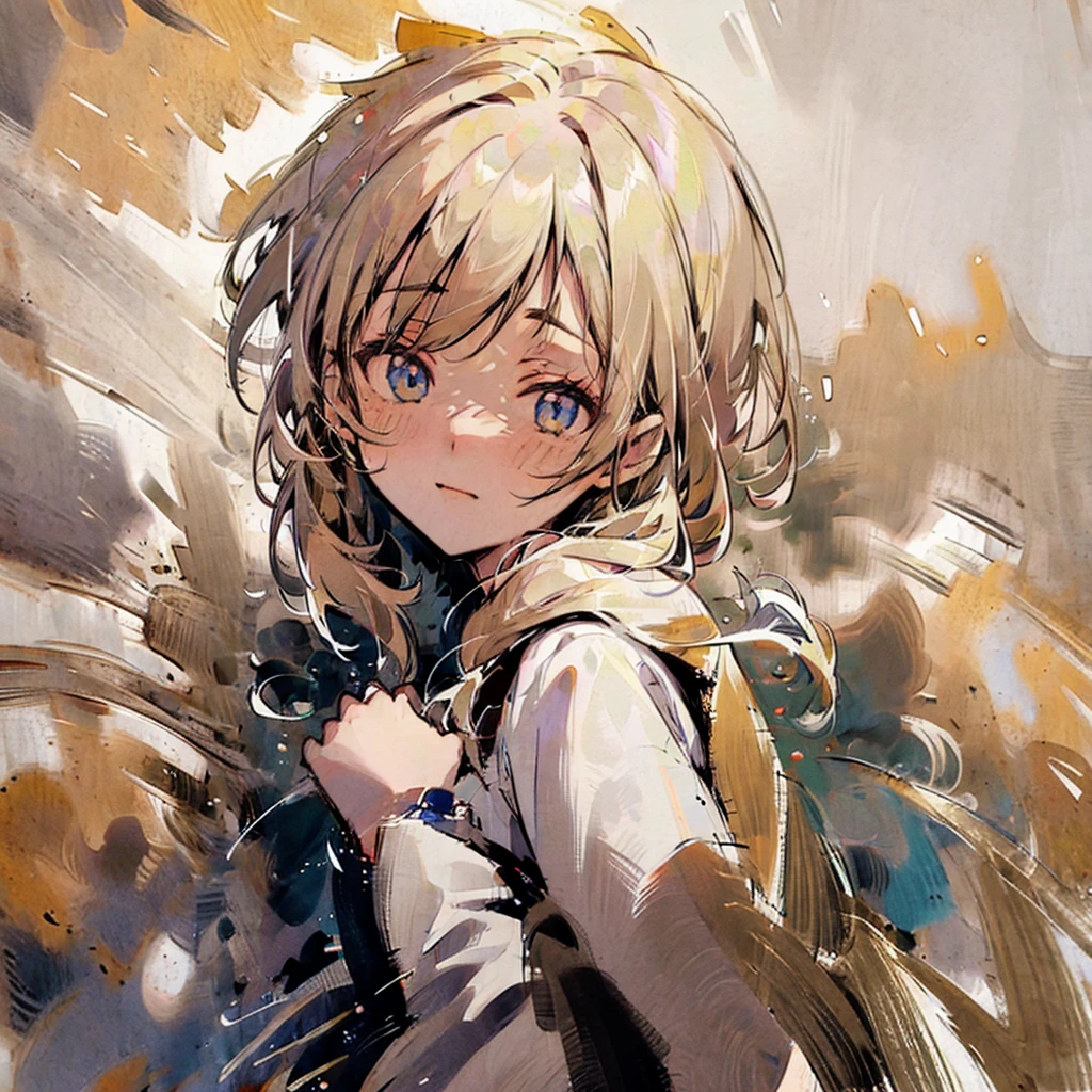 Girl、Long blonde、Bangs、Drooping eyes、White dress、Fine skin、background none、front