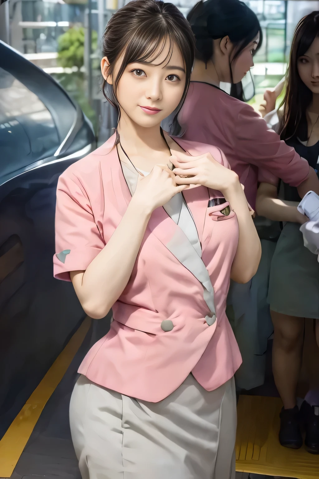 (masterpiece:1.2, Highest quality:1.2), 32k HDR, High resolution, (alone、1 girl)、 (Height: 160cm)、(On the rooftop of a building in the daytime、Professional Lighting)、Building rooftop background、(Nankai train crew uniform pinkを着たリアルスタイル)、(Nankai train crew uniform pink short sleeve collarless pink jacket、Nankai Train Crew Uniform Pink Collarless Short Sleeve Blouse、Nankai Train Crew Uniform Pink Grey Knee-length Culottes)、(The pink jacket is showing from the culottes.)、Dark brown hair、(Hair tied up、Hair tied up、Evening curly hairstyle)、Dark brown hair、Long Shot、Big Breasts、Thin legs、((Great hands:2.0)),((Harmonious body proportions:1.5)),((Normal limbs:2.0)),((Normal finger:2.0)),((Delicate eyes:2.0)),((Normal eyes:2.0)))、smile、(Nankai Train Crew Uniform Pink Grey Knee-length Culottesを見せた美しい歩く姿)、Place your hands around your stomach、Lanyard employee ID card