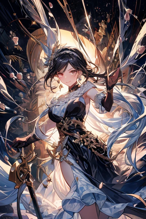 (dynamic angle:1.3, front view:1.1, breast focus:1.3, from below:1.2), (dynamic posing:1.5, sexy posing:1.2, leaning forward), (seductive smiling:1.3),(*K) HD, highest quality, Anime style beutiful woman, 1girl,fullbody, happy, (with sparkling eyes and a contagious smile:1.2), red face, closed mouth, beautiful detailed eyes, super detailed skin, backlighting, bare shoulders, black background, black dress, black gloves, silver hair, breasts, dress, earrings, fingerless gloves, floating hair, floral print, flower, gloves, gold earrings, gold hairband, hair flower, hair ornament, hairband, holding, holding two-hands weapon, jewelry, medium breasts, long hair, looking at viewer, off-shoulder dress, off shoulder,red eyes, short hair with long locks, sidelocks, solo, spikes, thighs, two-sided dress, two-sided fabric, weapon, fighting stance , face, close up, from above, highest quality, high resolution,Real World, Natural light,perfect Natural light,looking at viewer,