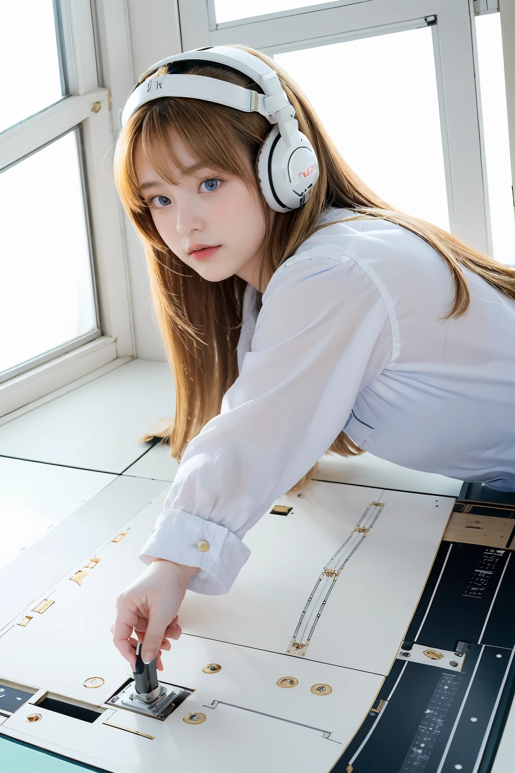 (Vue aérienne),angle dynamique,Ultra-détaillé, illustration, fermer, tout droit, 1fille, 
 ((souryuu asuka langley, casque d&#39;interface, body rouge:1.4, blond)),Her eyes shone like rêveur stars,(yeux brillants:1.233),(yeux beaux et détaillés:1.1),(sans expression,bouche fermée),(debout), 
(salle de mécanique avec outils et fenêtre de vaisseau spatial dans un VAISSEAU SPATIAL blanc),
(nuit:1.2),rêveur, [[doigts et mains délicats:0.55]::0.85],(détail des doigts),