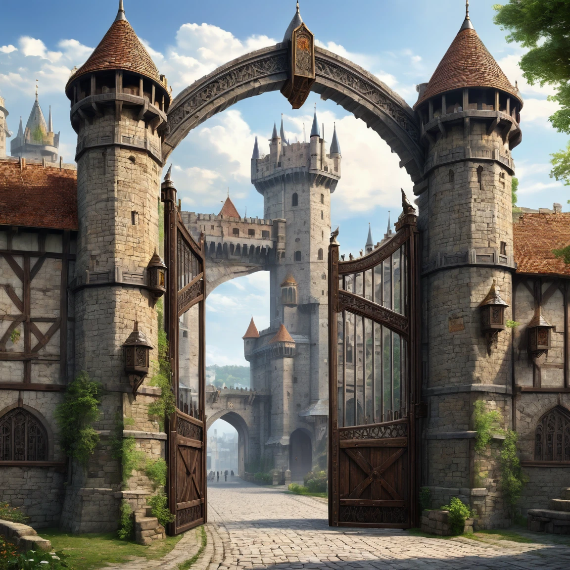 (best quality)), ((masterpiece)), ((realistic,digital art)), (super detailed), (gigantic gate of a fortified city), (medieval fantasy style), front view