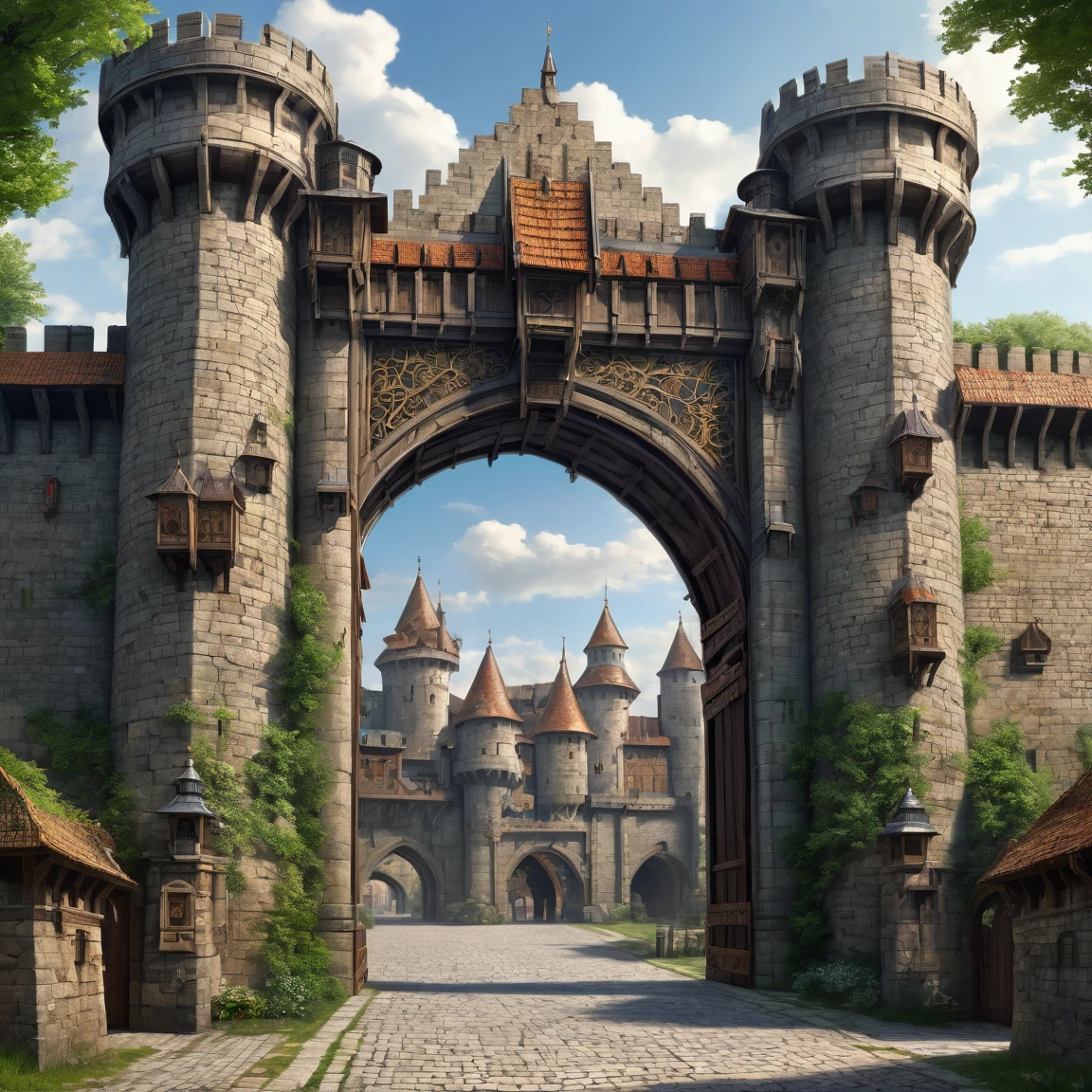 (best quality)), ((masterpiece)), ((realistic,digital art)), (super detailed), (gigantic gate of a fortified city), (medieval fantasy style), front view