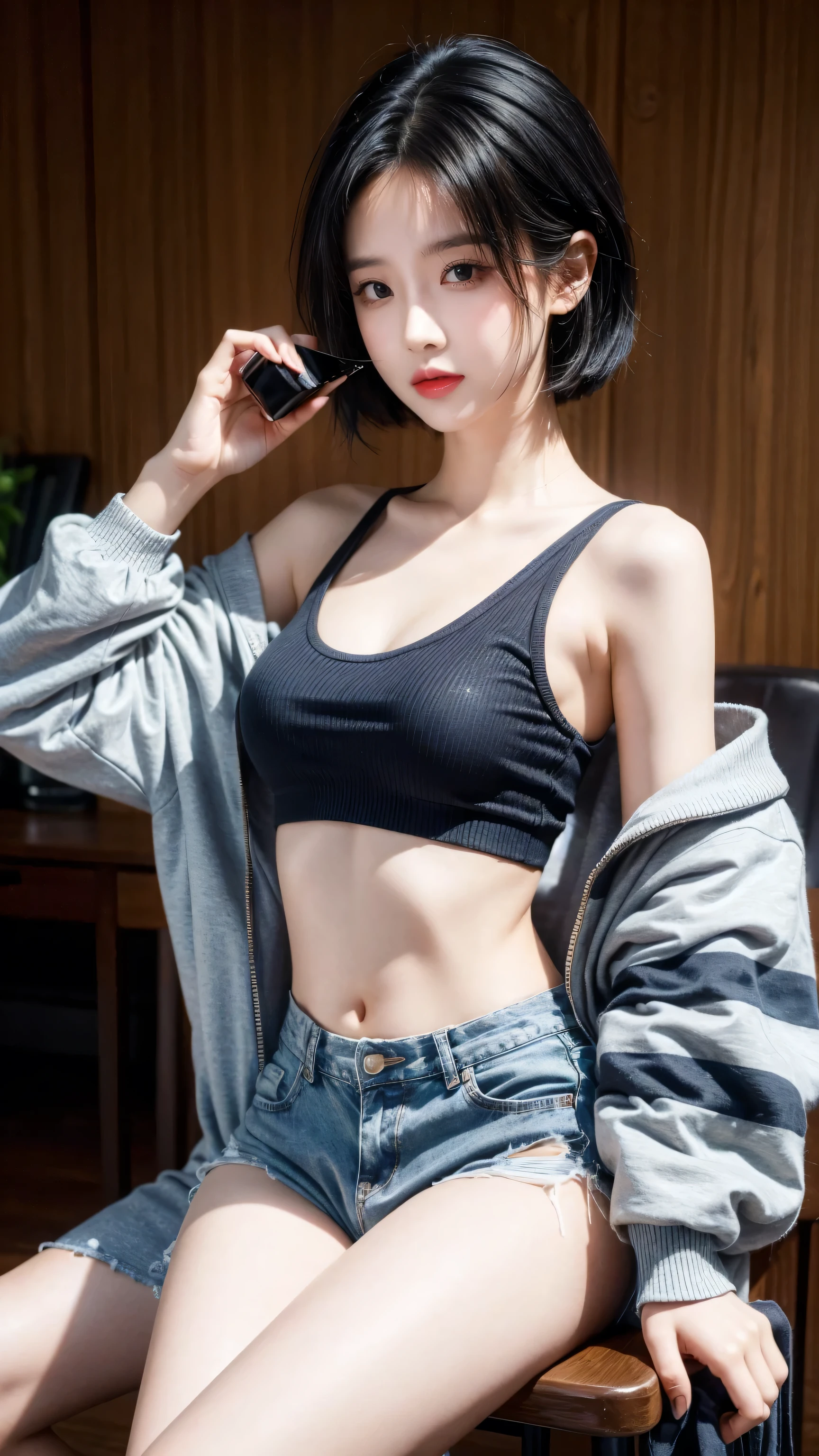 best quality, 1 Girl, dark blue hair, black eyes, Very short hair, Spiky hair, Alafi sat down in his chair and drank a cup of coffee。, with ripped crop t - shirt, wearing sexy cropped top, xintong chen, Casual clothes, Instagram model, xision wu, wearing a crop top, wearing casual cloths, leaked image, casual clothing style, wearing a cropped top, dilraba dilmurat, wenfei ye, Casual clothing, Messy hair, Hair between the eyes, Medium breasts, full, Tomboy, aldult, 20 years old, A sweet girl by the beach
