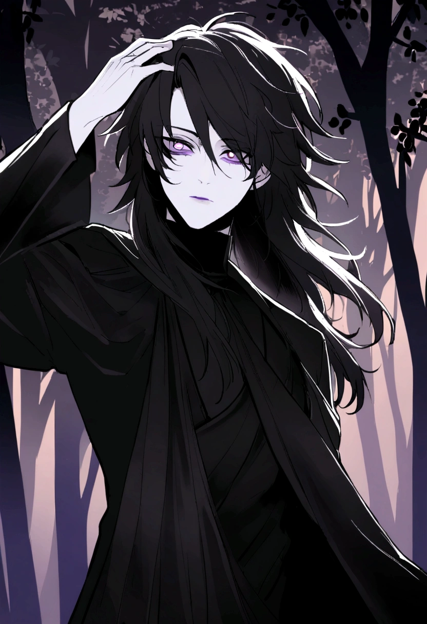 1boy, solo, adult, ((long dark-pearl hair: 0.7)), long disheveled hair, (the pupil of the eye is black, the white of the eye is black), pale skin, thorny vines entwine the hair, graceful delicate facial features, dark purple aristocrat's clothes, black cloak covers his head, forest background