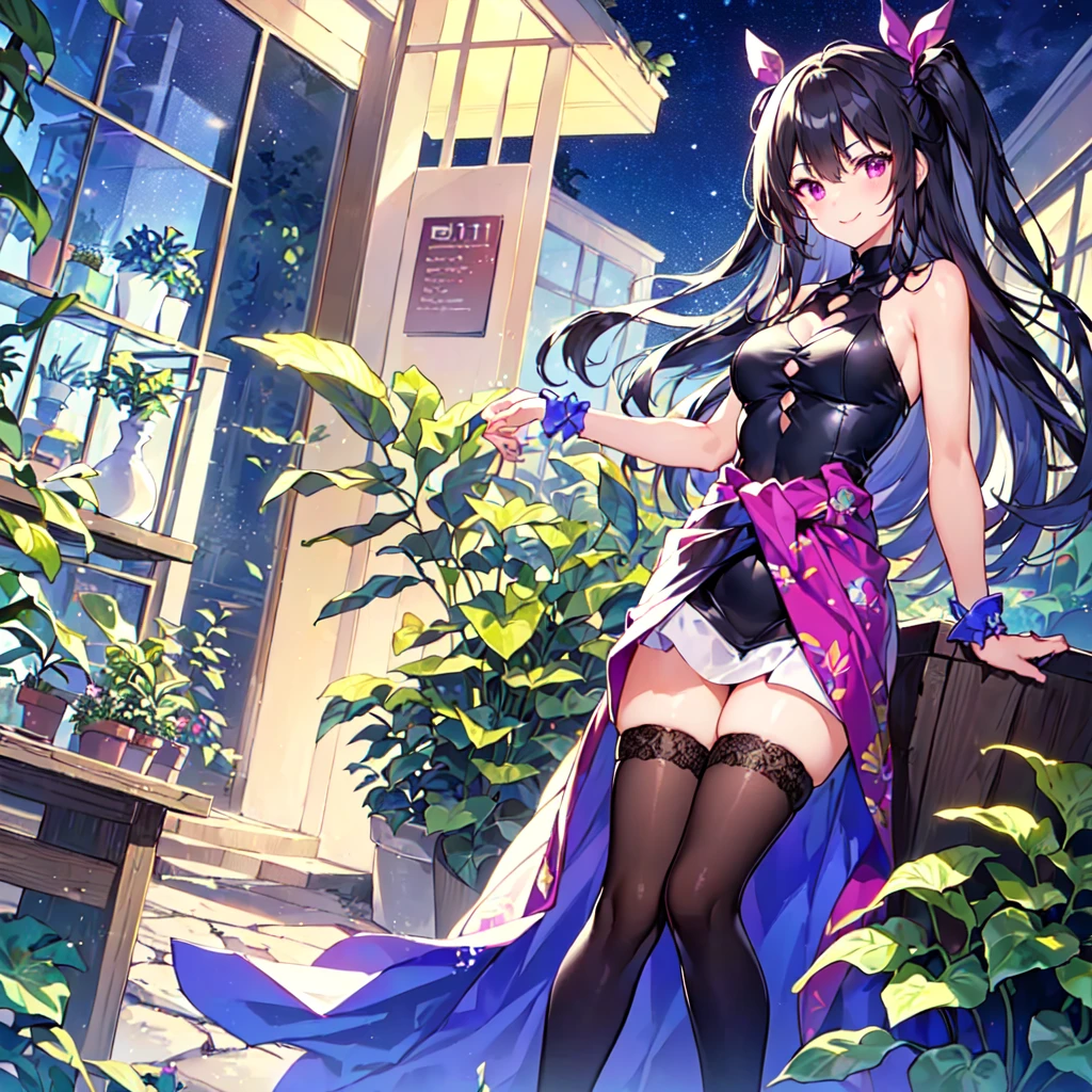 masterpiece, best quality, high quality, extremely detailed, very delicate and beautiful, (1 female 18 years old alone solo:1.2), (long black hair up to waist with two side up:1.4), bangs to eyebrows, eyes (eyes sharp, strong, glossy, glossy eyebrows), (eye color magenta:1.3), 6.5 head height, (houseplant print fashion:1.3), knee socks, (smiling), (standing), (dynamic pose), (botanical garden with lots of houseplants in background:1.5), (Night Sky:1.2)